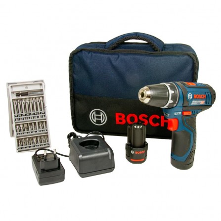 Akumulatora urbjmašīna Bosch GSR 12V-15 komplekts, 12 V, 2 x 2 Ah, lādētājs, soma + vītņurbji 25 gab.
