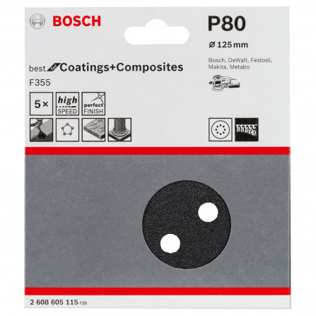 Bosch slīppapīrs F355, 125 mm, 80 smiltis, 5 gab.
