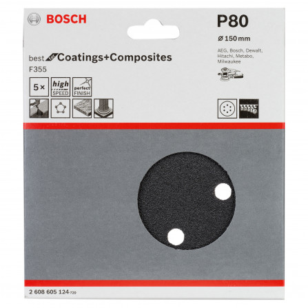 Bosch slīppapīrs F355, 150 mm, 80 smiltis, 5 gab.