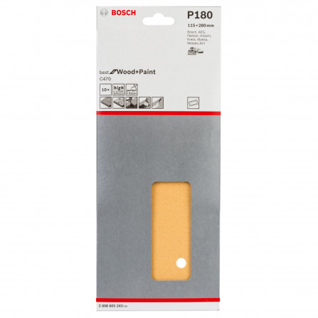 Bosch slīppapīrs C470, 115 x 280 mm, 180 smiltis, 10 gab. (14 caurumi)