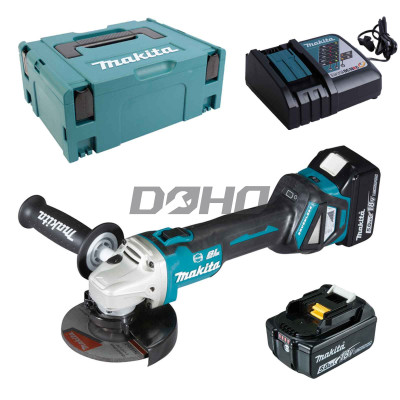 Makita DGA513RTJ bezvadu leņķa slīpmašīnas komplekts, 18V, 125mm, 2 x 5Ah, lādētājs + korpuss