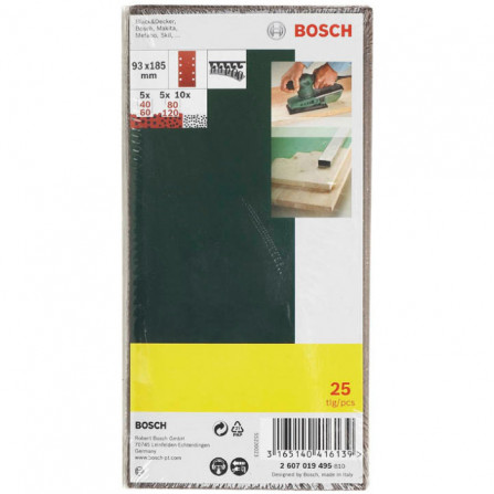 Bosch ekscentriskā slīpēšanas papīra komplekts, 93 x 185 mm, 40,60,80|120 smiltis, 25 gab.