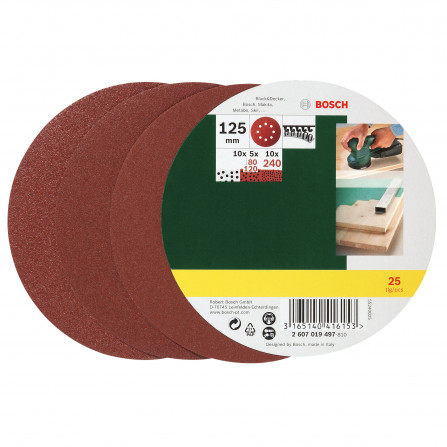Bosch ekscentriskā slīppapīra komplekts, 125 mm, 80 120 240 smiltis, 25 gab.