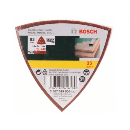 Bosch slīppapīra komplekts, 93 mm, 60 120 240 smiltis, 25 gab.