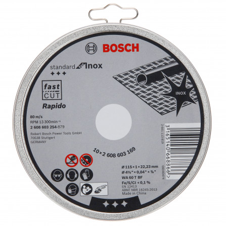 Griešanas disks tēraudam Bosch, Inox Rapido WA 60 T BF, 115 mm, 10 gab.
