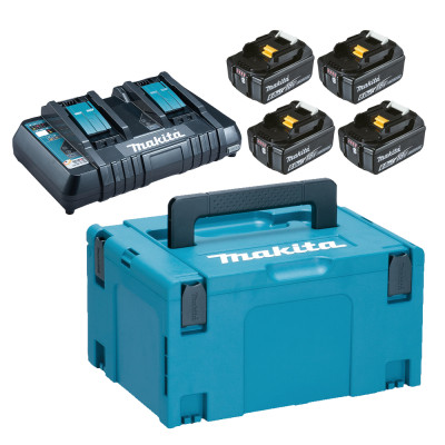 Akumulatoru komplekts Makita BL1860B (+4x BL1860B akumulators + dubultā ātrā lādētājs DC18RD + MAKPAC III maciņš)
