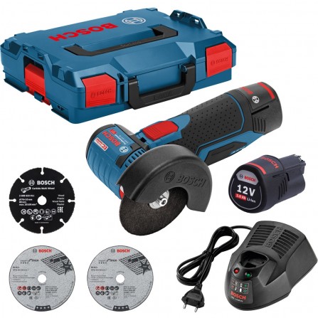 Akumulatora leņķa slīpmašīna Bosch GWS 12V-76 komplekts, 12 V, 2 x 3 Ah, lādētājs, korpuss + 3 diski