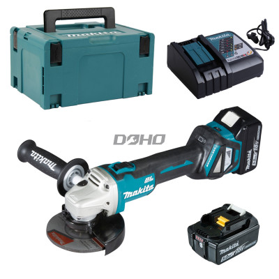 Makita DGA511RTJ bezvadu leņķa slīpmašīnas komplekts, 18V, 125mm, 2 x 5Ah, lādētājs + korpuss