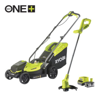 RYOBI bezvadu zāles pļāvēju un trimeru komplekts ONE+, OLM1833B, OLT1825M, 18V (ar 4Ah akumulatoru un lādētāju)