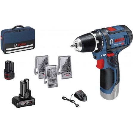 Akumulatora urbjmašīna Bosch GSR 12V-15 FC komplekts, 12 V, 1 x 4 Ah, 1 x 2 Ah, lādētājs, soma + piederumi 175 gab.