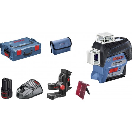 Bezvada lineārais līmenis Bosch GLL 3-80 C (0601063R02) komplekts, 12 V, 2 Ah, lādētājs, maciņš + piederumi