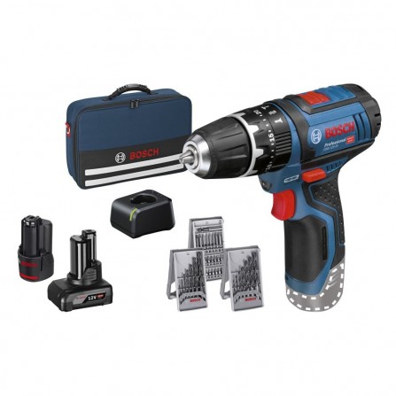 Bosch GSB 12V-15 bezvadu trieciena draivera komplekts, 12 V, 1 x 4 Ah, 1 x 2 Ah, lādētājs, piederumi + soma