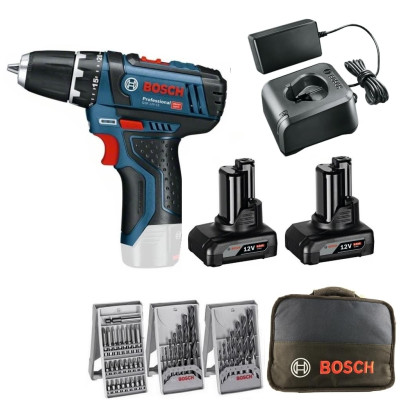 Akumulatora skrūvgrieža Bosch GSR 12V-15 (0615990HV1) komplekts, 12 V, 2 x 4 Ah, lādētājs, piederumi + soma