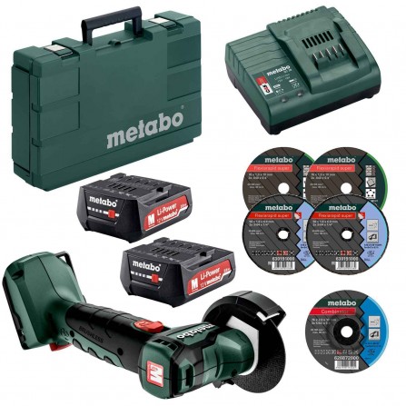 Akumulatora leņķa slīpmašīna Metabo PowerMaxx CC 12 BL (600348500) komplekts, 12 V, 2x2 Ah, lādētājs, maciņš + diski