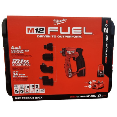 Milwaukee M12 FDDXKIT-202X bezvadu urbjmašīnu komplekts, 12 V, 2 x 2 Ah, lādētājs, futrālis + 4 patronas