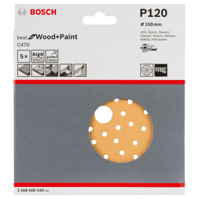 Bosch slīpēšanas papīrs C470, 93 x 230 mm, 120 smiltis, 10 gab. (ar caurumiem)