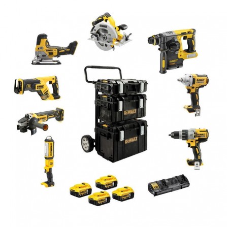 Dewalt bezvadu instrumentu komplekts (DCK856P4-QW) 18V 4 x 5Ah dubultais lādētājs, 3 futrāļi + ratiņi
