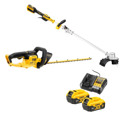 DeWalt akumulatora dārza instrumentu komplekts DCMST561HT-QW dzīvžoga šķēres, trimmeris, 2 x 5,0 Ah un lādētājs