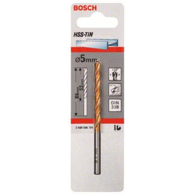 Bosch HSS-TiN metāla urbis DIN 338, 5 x 52 x 86 mm