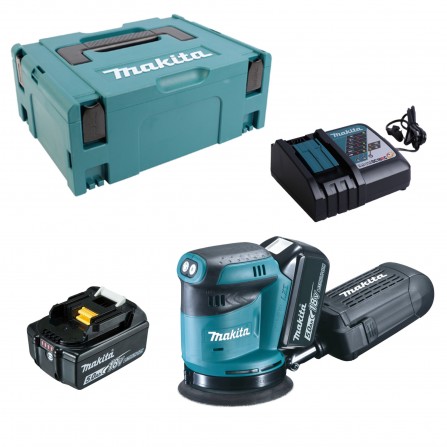 Makita DBO180RTJ bezvadu orbitālās dzirnaviņas komplekts, 18V, 125mm, 2 x 5Ah, lādētājs + korpuss
