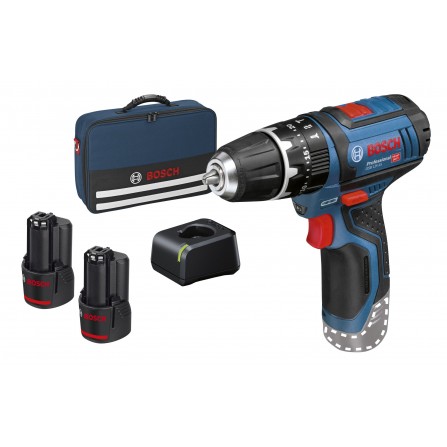 Bosch GSB 12V-15 bezvadu trieciena draiveru komplekts, 12 V, 2 x 2 Ah, lādētājs + soma